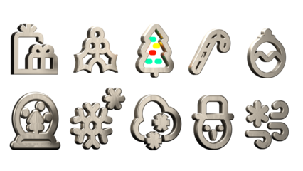 Christmas 3d icons ornament set with metallic texture
