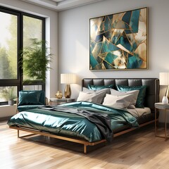 a green comforter set in a modern bedroom, in the style of dark turquoise and dark emerald, luxurious, dark emerald and silver, art deco sensibilities, dark maroon and dark azure, light gold and dark 