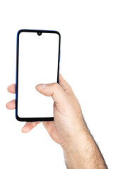 Man hand Holding the smartphone with blank screen and modern frameless design isolated on white background