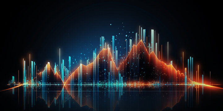 Big Data. Abstract digital mountains range landscape with glowing light dots. Futuristic low poly wireframe vector illustration on technology blue background. 