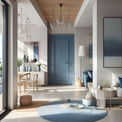  Modern living room with blue door and round ru - obrazy, fototapety, plakaty
