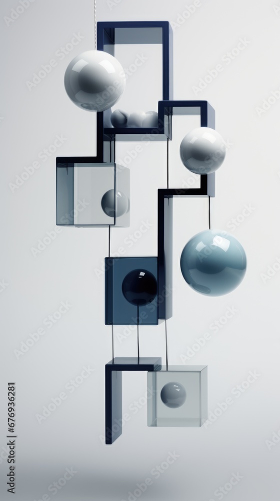 Poster a blue and white object hanging from a string.