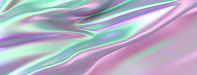 Holographic background in 80s style. Iridescent wavy gradient cloth.