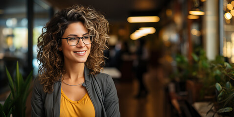 Cheerful Young Businesswoman with Curly Brown Hair Smiling in Office Portrait