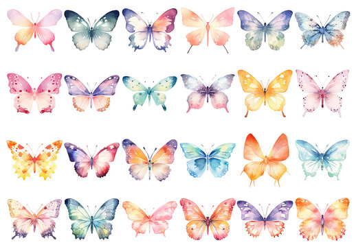 Vector watercolor painted butterflies clipart. Hand drawn design elements isolated on white background.