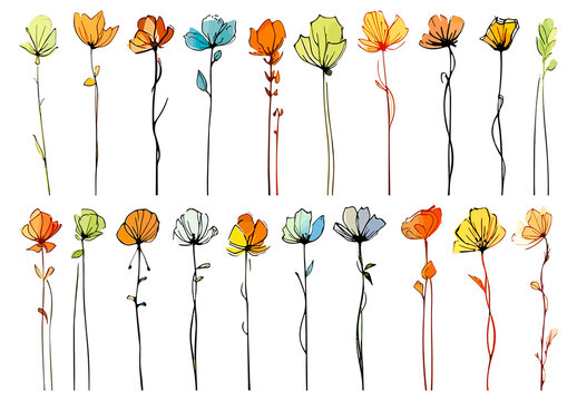 Abstract vector illustration of meadow flowers. Freehand ink and color style. Design elements isolated on white background.