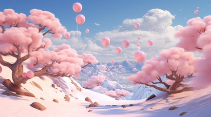 Fantasy landscape with cherry blossom trees and myriad balloons soaring into a serene sky
