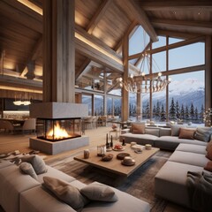 Luxurious spacious living area with stylish furniture and central fireplace, surrounded by snowy alpine landscape