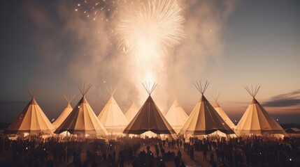 A cultural festival scene with fireworks illuminating the sky above traditional teepees