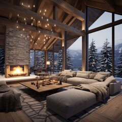 Inviting chalet interior with comfortable couches, soft lighting, and a grand stone fireplace in a snowy setting