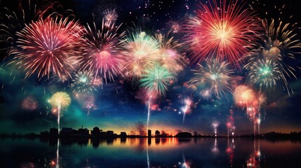 A mesmerizing fireworks display reflects over a lake, creating a brilliant symphony of color