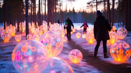 A surreal scene with illuminated orbs casting a warm glow on snow, as people wander in a forest at dusk - obrazy, fototapety, plakaty