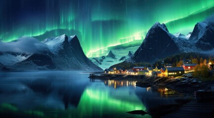 Ethereal view of the northern lights glowing over a peaceful fjord surrounded by steep mountains