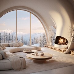 An exquisitely designed winter home interior, complete with a modern fireplace and stunning frosty view