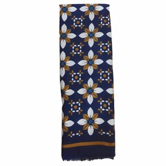 Dark blue scarf with a border of wool and cashmere, patterns of flowers, on a white background