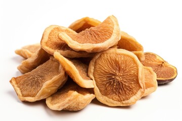 A pile of dried figs on a white surface. - obrazy, fototapety, plakaty