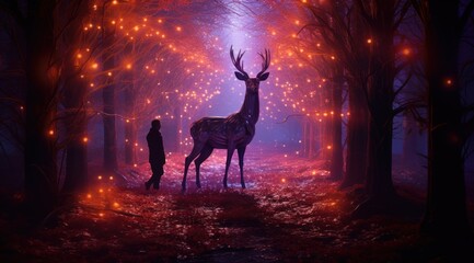 A person confronts an awe-inspiring, giant deer bathed in purple light in a dreamlike, enchanted forest