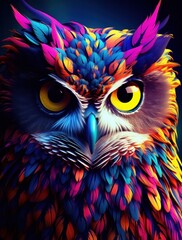 Obraz premium Vibrant and artistic depiction of an owl, showcasing a plethora of colors in a stunning digital art style