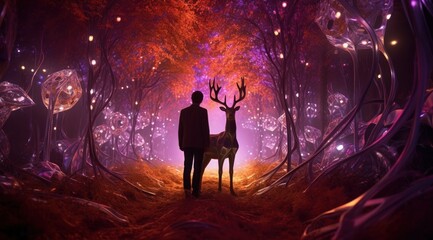 A mysterious scene with a man and a mystical stag amidst glowing trees in an enchanted night forest