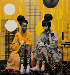 Fashionable women pose stylishly against a bold yellow and black patterned background with a modern aesthetic