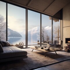Contemporary luxurious interior with large windows facing a serene snow-covered lake and mountains