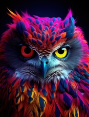 A visually arresting digital painting of an owl with striking colors and sharp details in its feathers and eyes