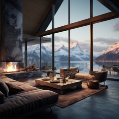 Exquisite cabin interior with panoramic view of snow-capped mountains, perfect for a serene getaway