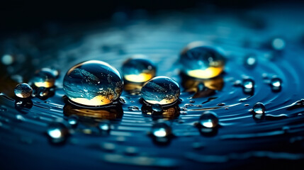 Abstract background with splashes, splashes and bubbles on the water surface with blue sky reflection.