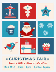 Christmas fair poster. Vector illustration for marketing materials, background, greeting card, party invitation card, website banner, social media banner.