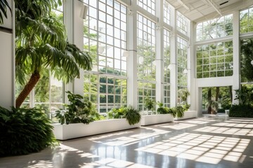 Space for large events in the atrium of the double height conservatory or greenhouse with large windows and natural sunlight - obrazy, fototapety, plakaty