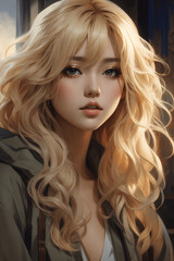 Naklejka premium Whispers of Enchantment: The Alluring Gaze of a Radiant Blonde Korean Beauty