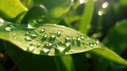 Close-up view of vibrant green leaf adorned with glistening water droplets, capturing the beauty of nature's intricate details - obrazy, fototapety, plakaty