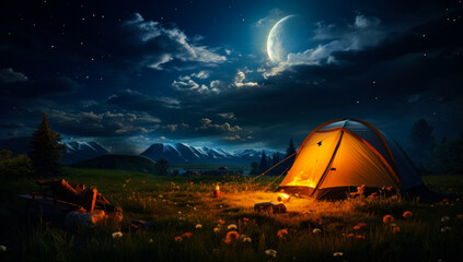 A Cozy Night Under the Stars: A Tent Set Up in a Field at Night