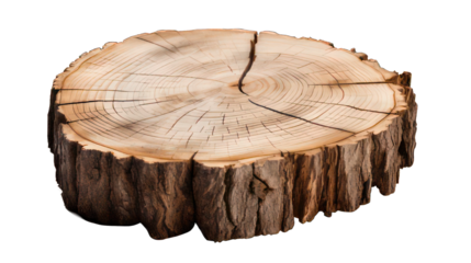 One big round piece of chopped wood isolated on white created with Generative AI