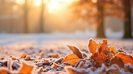 Orange beech leaves covered with frost in late fall or early winter - obrazy, fototapety, plakaty
