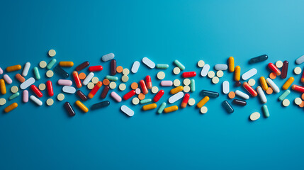 Colorful pills on blue background with copy space. Top view.