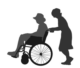 Mature woman pushing strolling with senior man patient in wheelchair vector silhouette. Patient in wheelchair isolated on white. Nurse support injured man. Hospital paramedic Social worker activity.