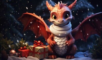 Christmas dragon 3d illustration, Ai generator - obrazy, fototapety, plakaty