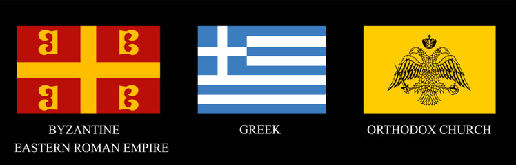 Byzantine flag vector illustration isolated on black background. Eastern Roman Empire flag emblem banner. Greek flag of Greece. Greek orthodox church symbol. - obrazy, fototapety, plakaty