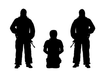 Hijackers mask, rifle with hostage on ground on knees vector silhouette illustration isolated. Terrorist blackmail frighten victim male. Civil war crime scene. Brutal kidnappers, money or  mans life. 