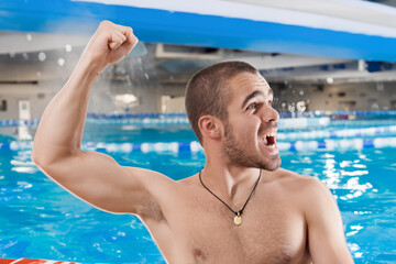 Man's triumph, pool's serene backdrop