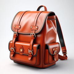 A brown leather backpack on a white background. Realistic clipart on white background