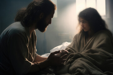 Jesus healing a sick young girl with his miracles - obrazy, fototapety, plakaty