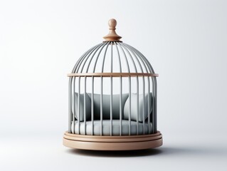 A birdcage with pillows inside of it. Realistic clipart on white background