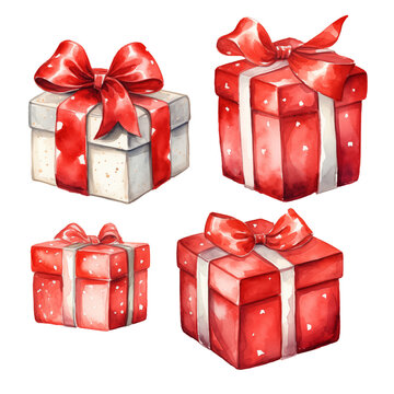 Christmas set of watercolor gift box. Red boxes with white bows on transparent background