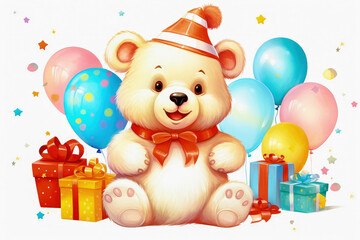 Polar bear in Christmas, red hat with presents. New Year's holiday concept.