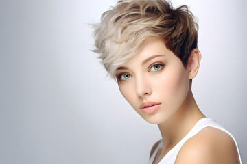 short-haired woman, beauty photoshoot for clean skin, pure on white canvas, photo-realistic, organic, natural light