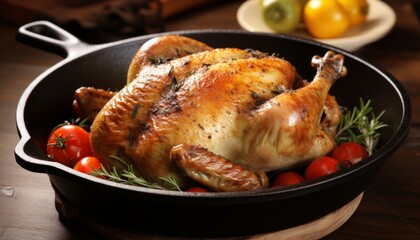 Fototapeta premium Mouthwatering roast chicken tender, juicy, and perfectly seasoned, sizzling in a hot pan