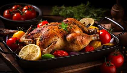 Mouthwatering roast chicken sizzling in a pan, ready to be served with aromatic herbs