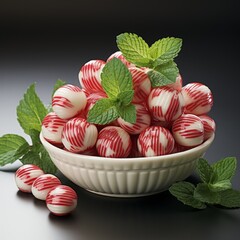 strawberry mints in a white ceramic bowl, red and white sweets with mint plants, generative ai